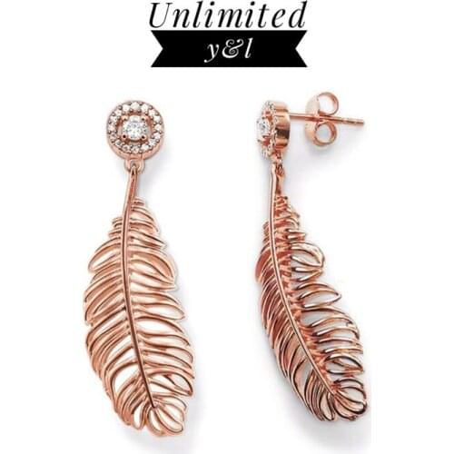 Rose Gold Color Feather Stud Earrings for Women Thomas Style White Cubic Zirconia Silver Fashion Ear Stud Jewelry 2018 New