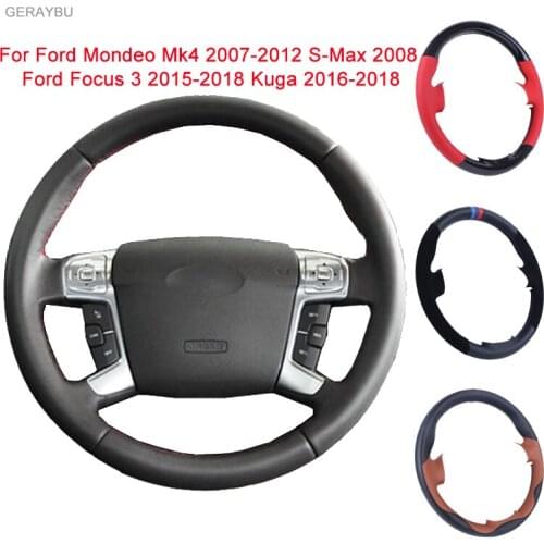 GERAYBU Custom DIY Black Leather Hand-sewn Car Steering Wheel Cover For Ford Mondeo Mk4 2007-2012 S-Max 2008 Ford Focus 3 Kuga