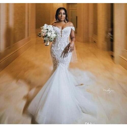South African Wedding Dresses Mermaid Off The Shoulder Tulle Lace Backless Nigeria Vestido De Noiva Bridal Wedding Gown
