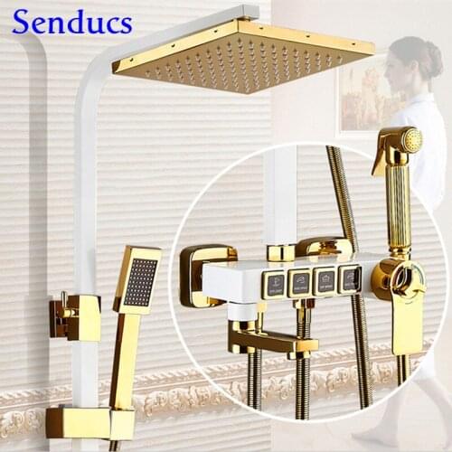 Thermostatic Shower Set White Gold Bathroom Shower System Copper Bathtub Mixer Faucet Rainfall Square Shower Head Thermostatic