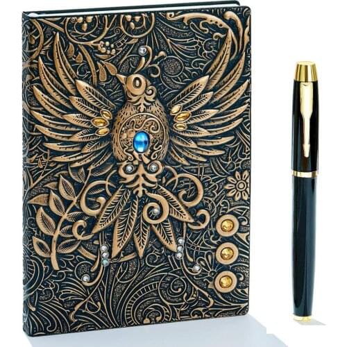 Vintage 3D Phoenix Embossed Leather Writing Journal with Golden Pen Set,A5,200 Pages, Antique Handmade Daily Notepad Sketchbook