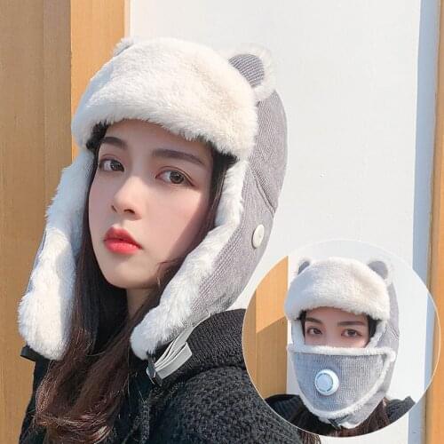 New Cute Bear Cap Winter Warm Corduroy Plus Velvet Beanies Hats for Women Skull Cap Warmer Balaclava Face Mask Ski Hat Skullies