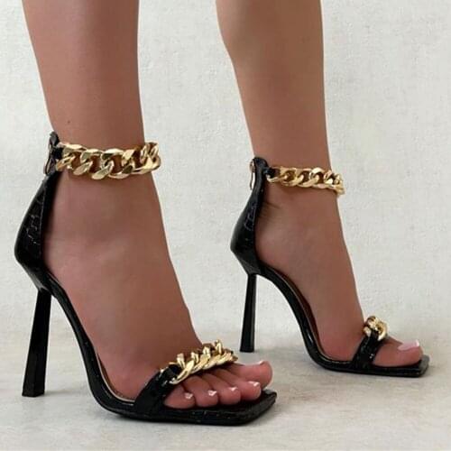 Termainoov Women Sandals Metal Chain Open Square Toe High Heels Fashion Dress Shoes Heeled Party Shoes Stiletto New Sandalias