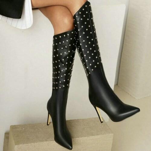 2021 Women Knee High Boots Sexy Thin High Heel Pointed Toe Ladies Calf Boots PU Leather Back Zipper River Womens Boots Big Size