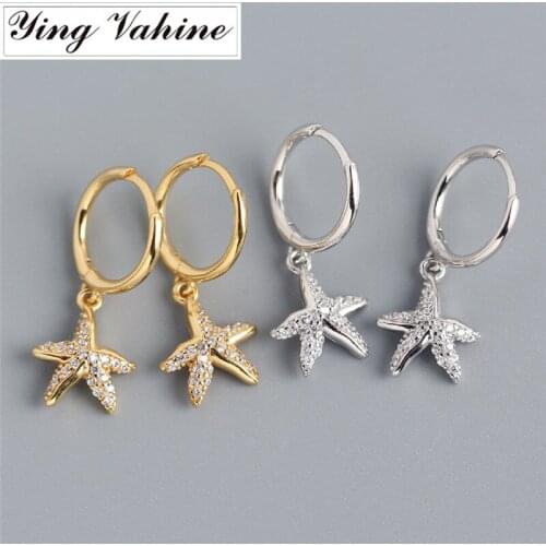 Ying Vahine 100% 925 Sterling Silver Shiny Zircons Starfish Pendant Stud Earrings for Women