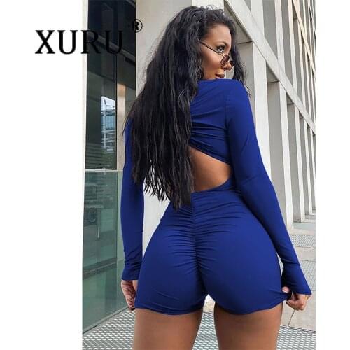 XURU Long Sleeve Solid Color V-neck Knitted Knitted Jumpsuit European and American Sexy Womens Jumpsuit