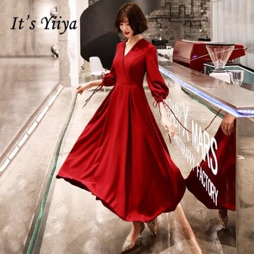 2020 Vestidos De Fiesta Its Yiiya BR333 V-neck Satin Burgundy Evening Dresses For Women Three Quarter Sleeve Long Formal Dress