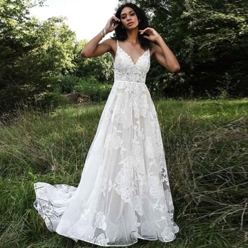 Spaghetti Straps V Neck Lace Wedding Dress A Line Vestido De Novia Open Back Bridal Dresses With Detachable Sleeves 2021 New