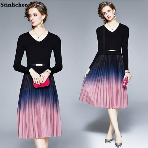 Autumn Winter Pleated Knitted Dress Women Fashion Gradient Color V-neck Belt Party Sweater Dress Ladies Midi Vestidos Robe