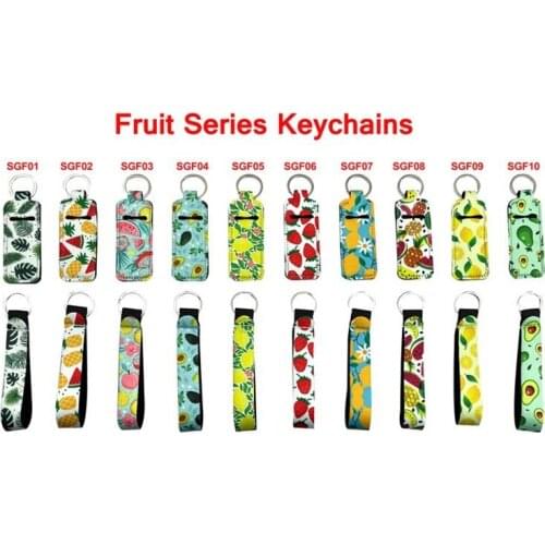 100Set/Lot Fruit Style Chapstick Holder Keychains with Wristlet Lanyard Neoprene Lipstick Holder Keychain Best Party Gifts