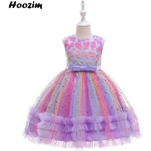 Luxury Patch Heart Shiny Star Gala Wedding Party Ball Gown Dress Girls 4 To 11 Years Cute Rainbow Tulle Evening And Prom Dresses