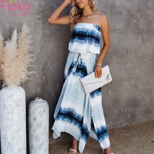 Flokocloset Tie Dye Print Strapless Maxi Dress Summer Street Sleeveless Sexy Lace Up Party Dress Women Clothes