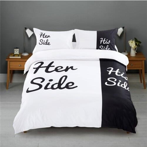 Creative Black&white Her Side His Side bedding sets Queen/King Size double bed 3pcs/4pcs Bed Linen Couples Duvet Cover Set
