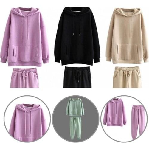 Hoodie Pants Set Elastic Waist Fleece Loose Long Sleeve Sweatshirt Elastic Waist Pants Set Women Outfit for Office