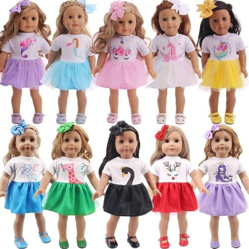 Doll Dress + Hairpin Cartoon Animal Print for girls doll clothes Unicorn/Mermaid Skirt 18 inch american doll baby accessories