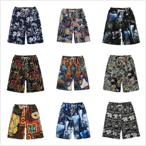 Plus size Men Clothes New Summer Men Linen Print Loose Beach Shorts Folk-custom Style Quick Dry Man Board Shorts Home Casual