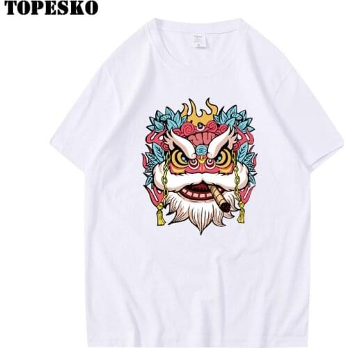 TOPESKO Chinese Style Lion Mens Fashion Casual Tops Women Fashion Casual Printed Loose Cotton T-shirt Tees