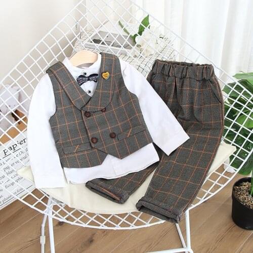 2020 Children Formal Spring Vest Set Baby Boy Plaid Waistcoat Shirts Pants 3pcs Clothing Sets Kids Party Wedding Costume