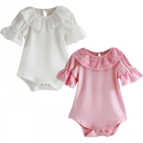 Flower Lace Collar Infant Toddler Baby Girls Short Sleeve Solid Bodysuit Jumpsuit One pieces Outfits