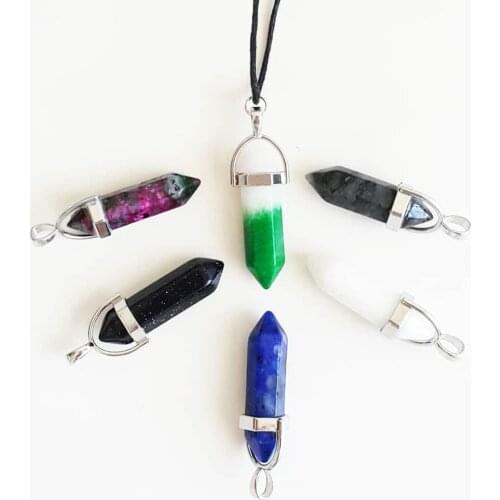 Natural Stone Necklaces Amethyst Crystal Pendants Suspension Natural Gem Stone Quartz Bullet Hexagonal Pendulum Wholesale DIY