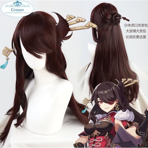 Game Genshin Impact Beidou Cosplay Wigs Brown Cury Long Synthetic Hair With Chip removable bun + wig cap halloween women