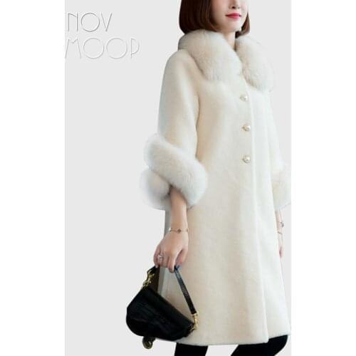 Novmoop high street 2019 autumn winter women white beige fox fur collar real fur coat cappotto donna abrigos mujer LT2940