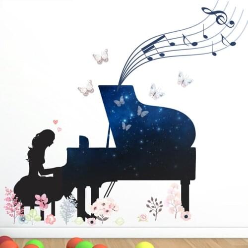 Blue star Piano girl Wall Sticker Butterfly flower for Home Decor kids room bedroom Nursery Background Mural art Decals stickers
