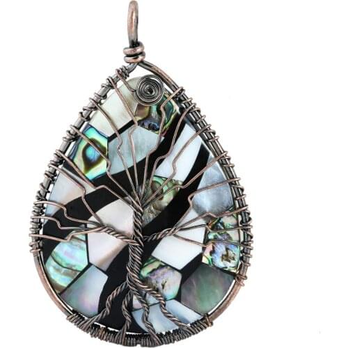 SUNYIK Mix White Black Teardrop Abalone Shell Twine Copper Wire Wrapped Tree of Life Pendant Reiki Healing Jewelry For Lady