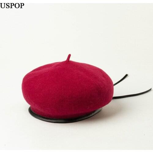 USPOP women thick wool berets adjustable PU binding beret hat female wool hats autumn solid color caps winter warm hats