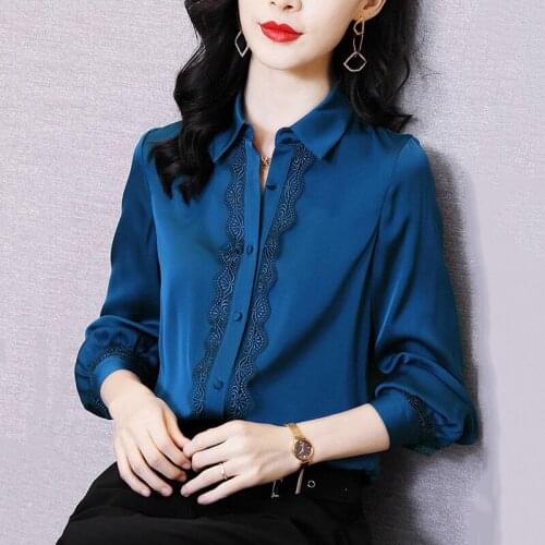 Spring Autumn Womens Clothes , Office Ladies Lace Patchwork Long Sleeve Blue Blouse Top Shirt , Women Imitation Silk Blouses