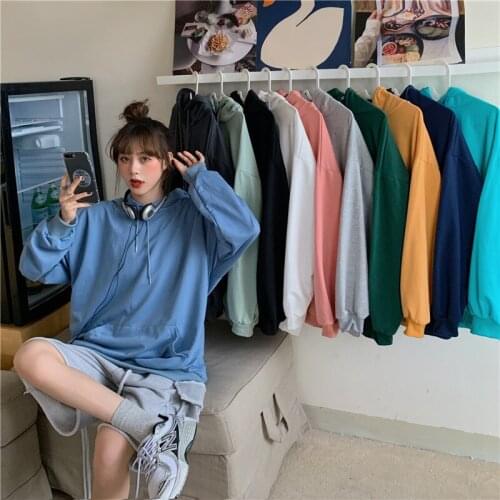 Japanese womens hoodie loose bf lazy wind ins mid-length niche western style loose solid color hooded long-sleeved top