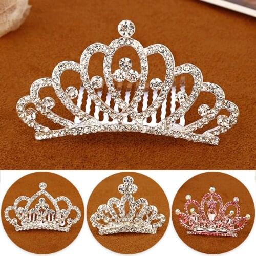 Girls Crown Hairpins Rhinestone Crystal Princess Hair Clips Hair Combs Headwear Children Kids Party Hair Jewelry Ornaments