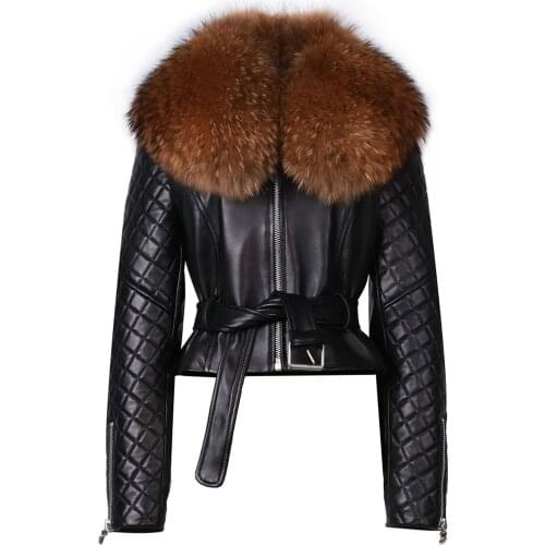 YOLOAgain Women Genuine Leather Jacket Natural Raccoon Fur Collar Short Biker Leather Jacket