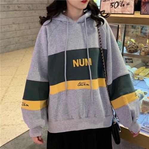 Shellsuning Women Color Matching Harajuku Hoodies & Sweatshirts Plus Velvet Long Sleeve Casual Top Ladies Winter Pullovers