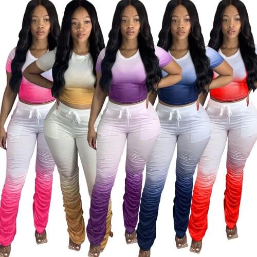 Women Gradient Color Two Piece Set Short Sleeve V-neck T-shrit Tops Stacked Bell Bottom Flare Jogger Suit Tracksuit Matching Set