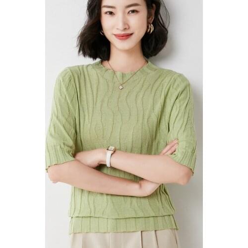 Spring and Autumn New Polka Dot Sweater Short Sleeve Pullover Casual Round Neck Womens Top Thin 60107