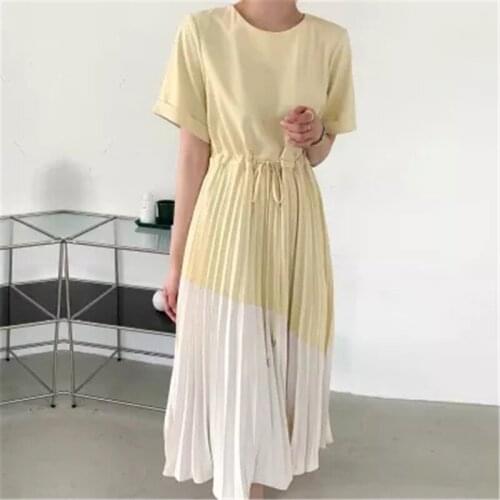 Chiffon Dress Female Summer Korean Style Long Temperament Slightly Fat Hepburn Style Waist Slim Pleated Long Skirt Plus Size