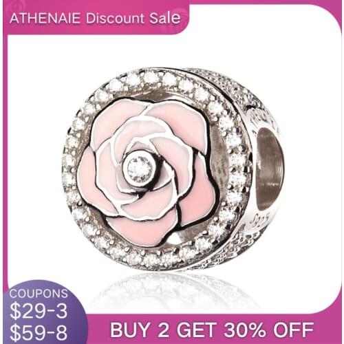 ATHENAIE 925 Sterling Silver Pave Clear CZ Enamel Peony Flowers Bloom Bead Charms Color Light Pink