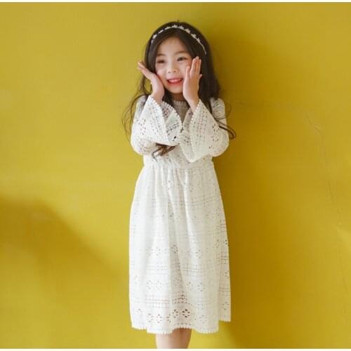 White Lace Dress For Girls Childten Long Flare Sleeve Elegant Clothing Prom Slim Party Dresses Summer Casual O-Neck 4-15Yrs