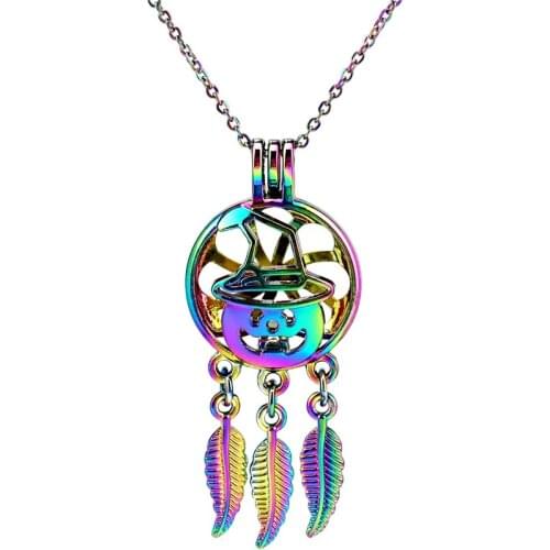 C925 Rainbow Color Dream Catcher Beaty Pumpkin Hat Halloween Leaf Hollow Locket Pendant Aroma Essential Oil Diffuser Necklace