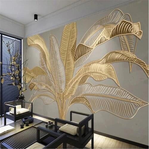 Diantu custom 3D mural wallpaper atmospheric banana leaf Nordic green plants light luxury golden embossed line background wall