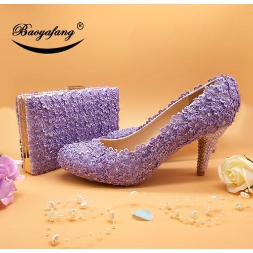 BaoYaFang violet Flower Wedding shoes with matching bags Ladies woman sweet party dress shoe Pointed Toe Pumps