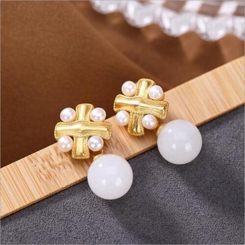Natural Hetian jade round bead earrings Chinese style unique ancient gold craftsmanship charm womens brand silver jewelry