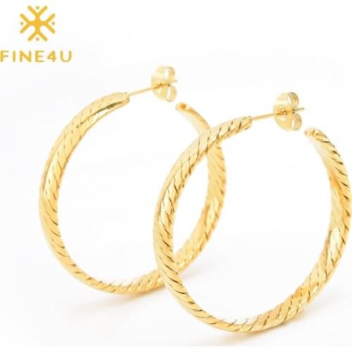 FINE4U E274 Twisted Rope Round Hoop Earrings Lightweight Chunky Open Hoops Gold Color Hoop Earrings For Women Thick Earrings