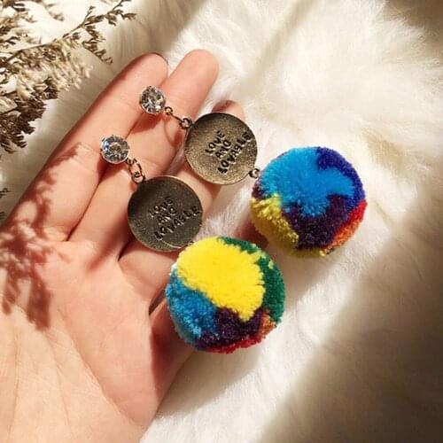 Cute Multicolor Hair Ball Long Earrings For Women Vintage Ethnic Handmade Ball Pendant Love And Lovable Earring Party Jewelry