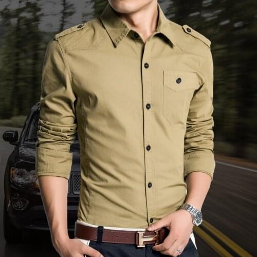 Mens Casual shirt Spring male long-sleeved Slim fashion dress shirts pocket military body fit man plus size M-4Xl Clothes