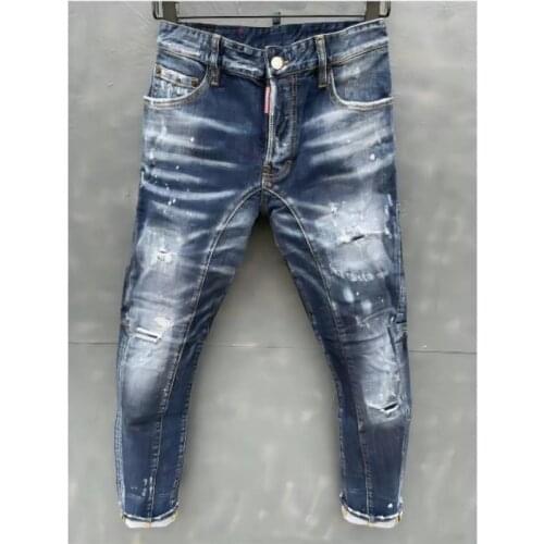 New DSQ2 Mens Skinny Jeans With Ripped Holes And elastic Paint Spray Blue Stitching Beggar Pants T110