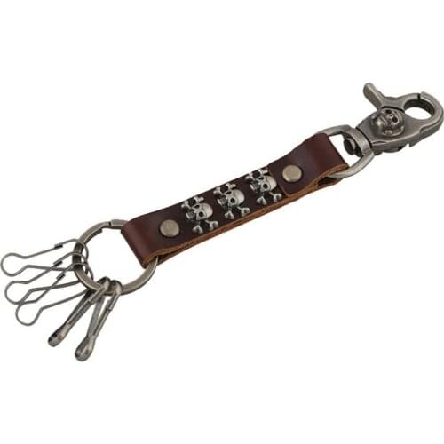 Gothic Punk Rock Men Metal Skull Keychain Black Brown Genuine Leather Keyring Skeleton Pendant Hiphop Car Keys Pants Accessories