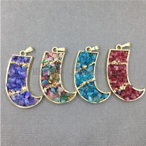 MY1014 Crescent Moon Shape Gold Bezel Inset Colorful Crystal Quartz Pendant