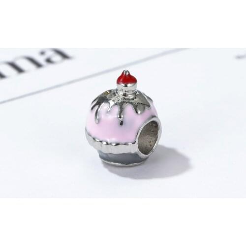 New Original Alloy Bead Pink Little Sweet Cake Charm Red Enamel Fit Pan Bracelet Bangle DIY Women Jewelry Dropship